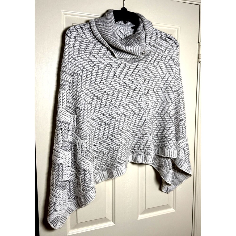 White House Black Market Sweater Poncho S/M Cream Grey  Split Neck Collar